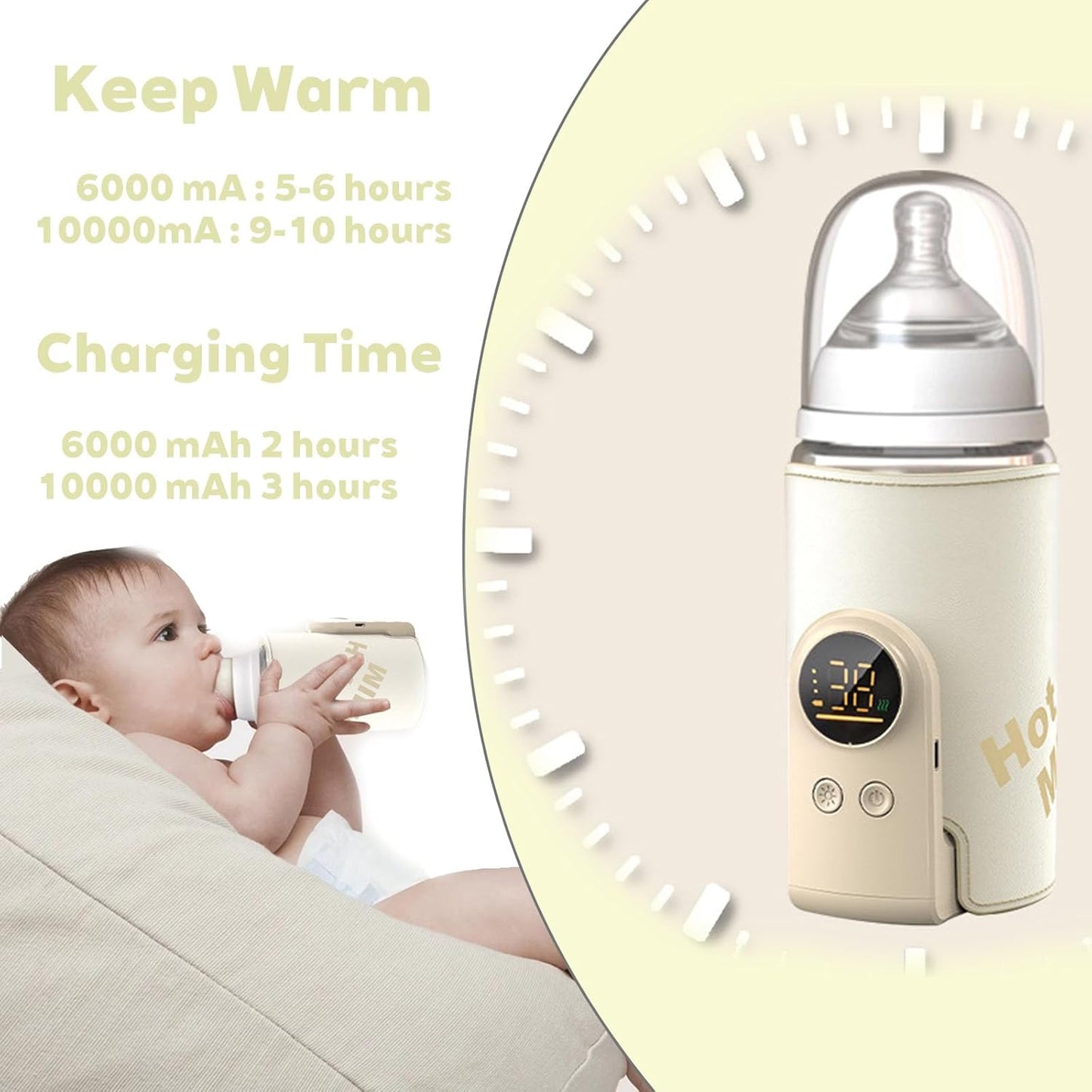 Bottle Warmer on the go,Comfortable Car Waterless Breastmilk Heater,Rechargeable Portable Milk Warmer for Travel,Fast Warming,Long-Lasting Warming up to 6-10H (10000 mAh)