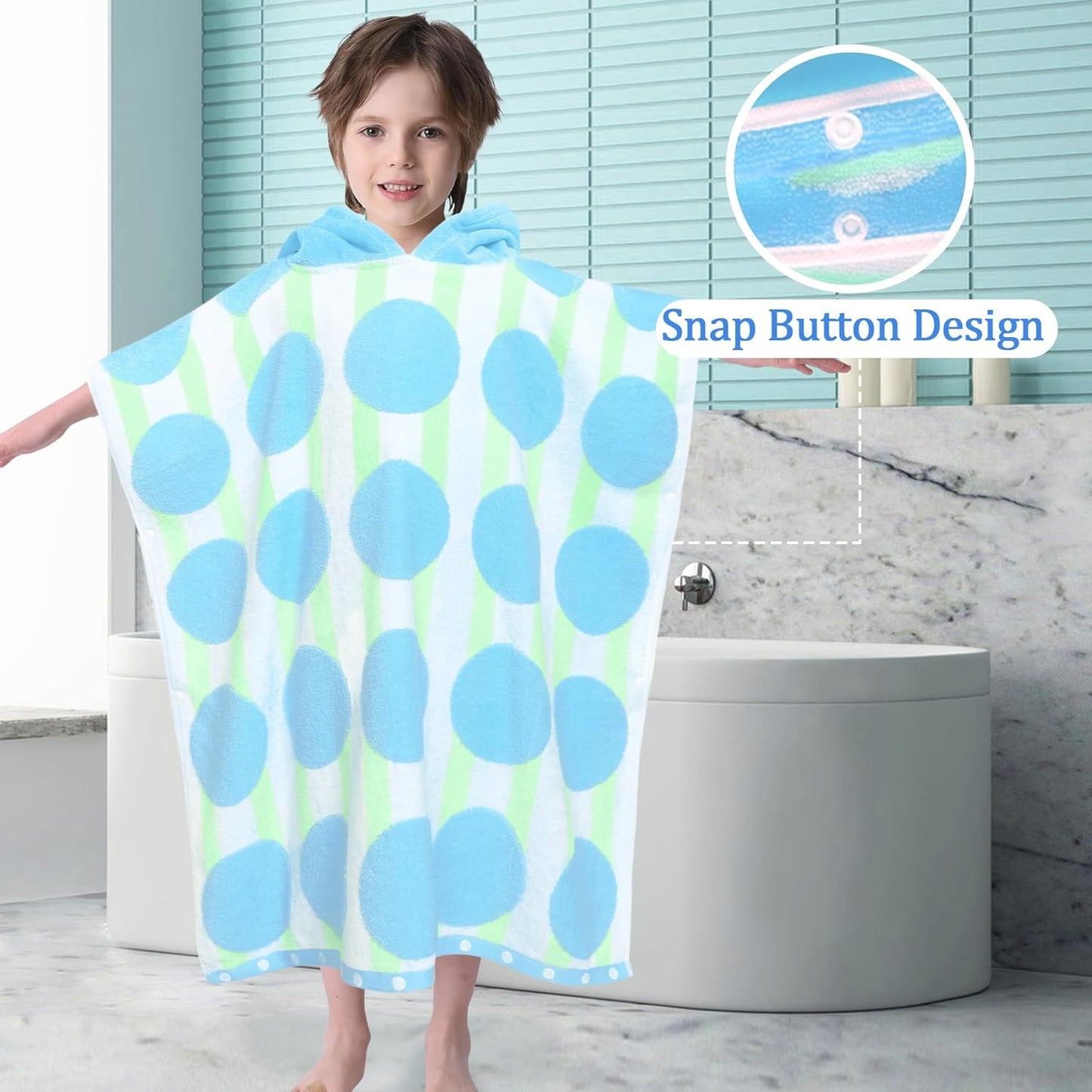 VOOVA & MOVAS Kids Poncho Towels with Hood (4-8Years), Absorbent Quick Dry Lightweight Hooded Beach Towel for Pool | Swim | Bath, Blue Dot Strip