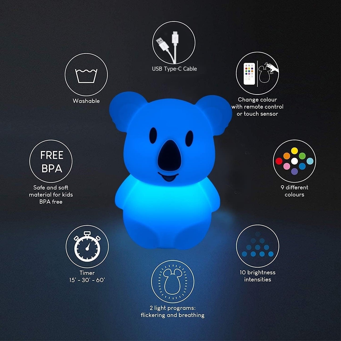 Large Koala Night Lights Kid Bedside Bedroom Light, Nursery Moon lamp, Portable Color Changing Care Lamps - Break Resistant, Eye Caring, Adjustable Brightness & Color and Time Setting - Large
