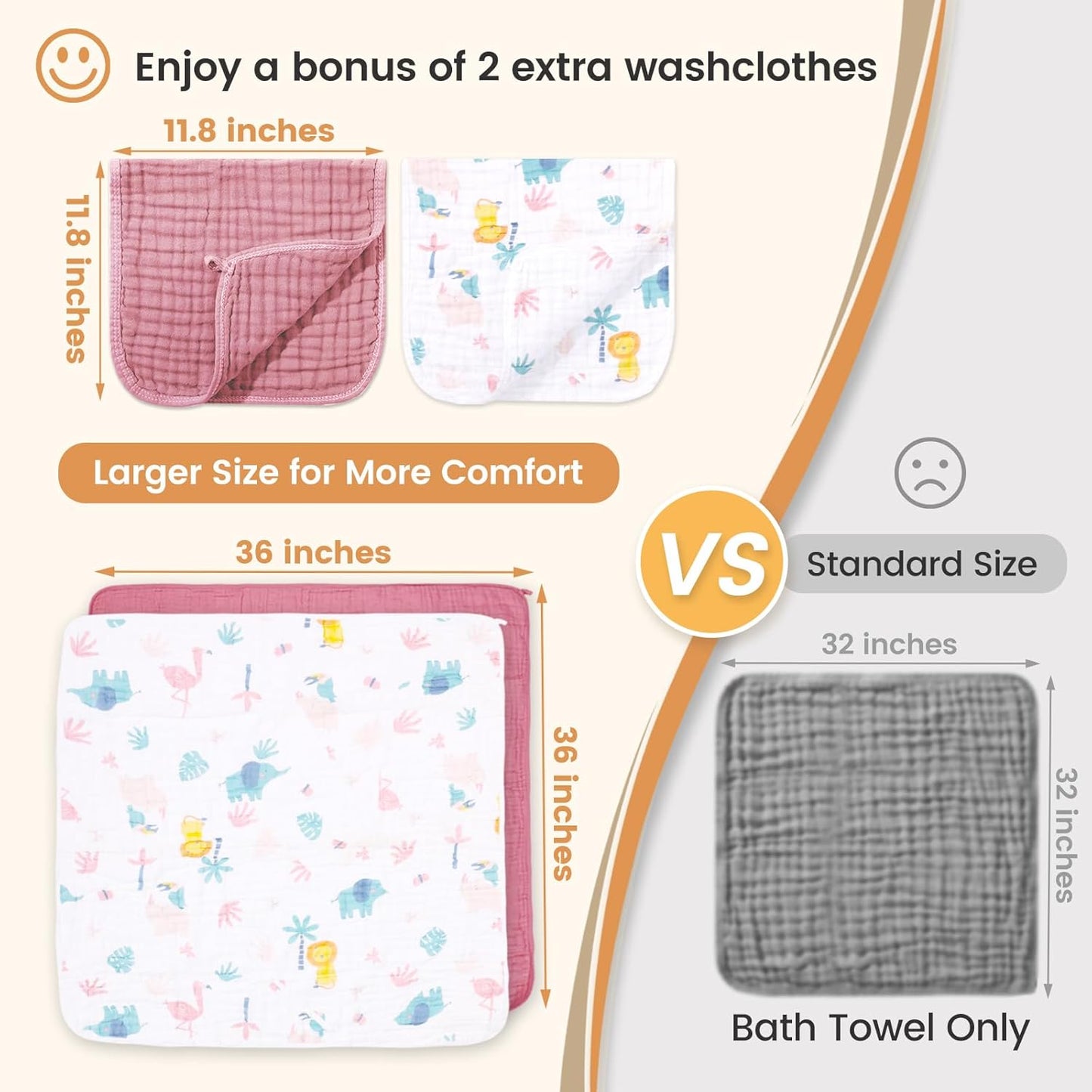 Hooded Baby Towels for Newborn 2 Pack, 36x36 Inch Muslin Cotton Baby Bath Towel and 2 Pack Washcloths for Babies, Soft and Absorbent Newborn Essential(Apricot and Dinasour)