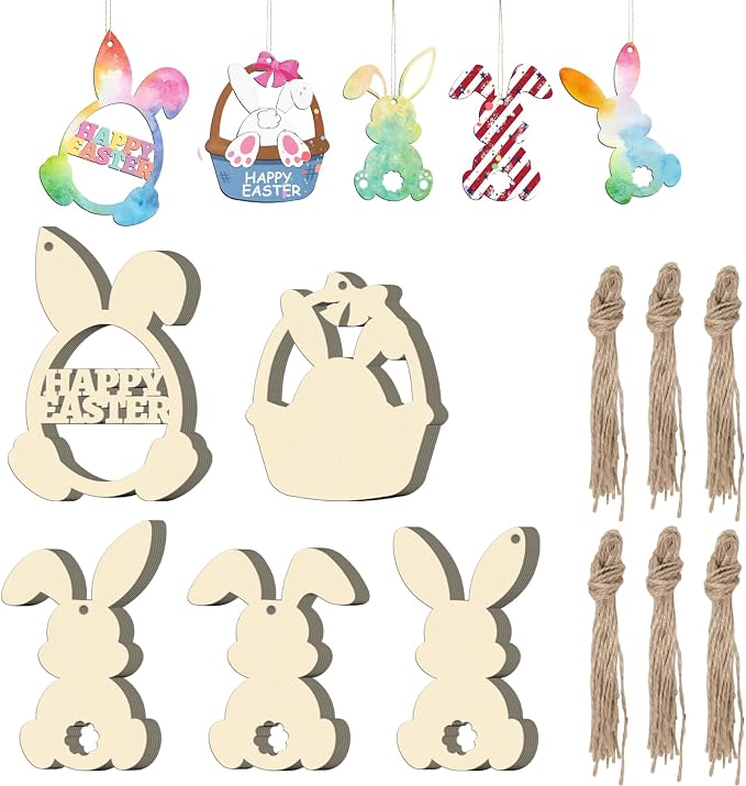 30Pcs Paintable Wooden Easter Bunnies Ornaments Unfinished Wood Cutouts