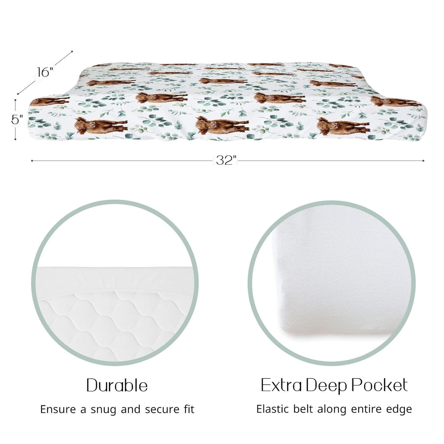 HawSkgFub Highland Cow Eucalyptus Leaf Changing Pad Cover for Baby Girl Boy, Natural Western Farm Animal Diaper Change Table Covers, Soft Stretchy Safe Snug Fitted Changing Mat Sheet Fit 32"/34" x 16"