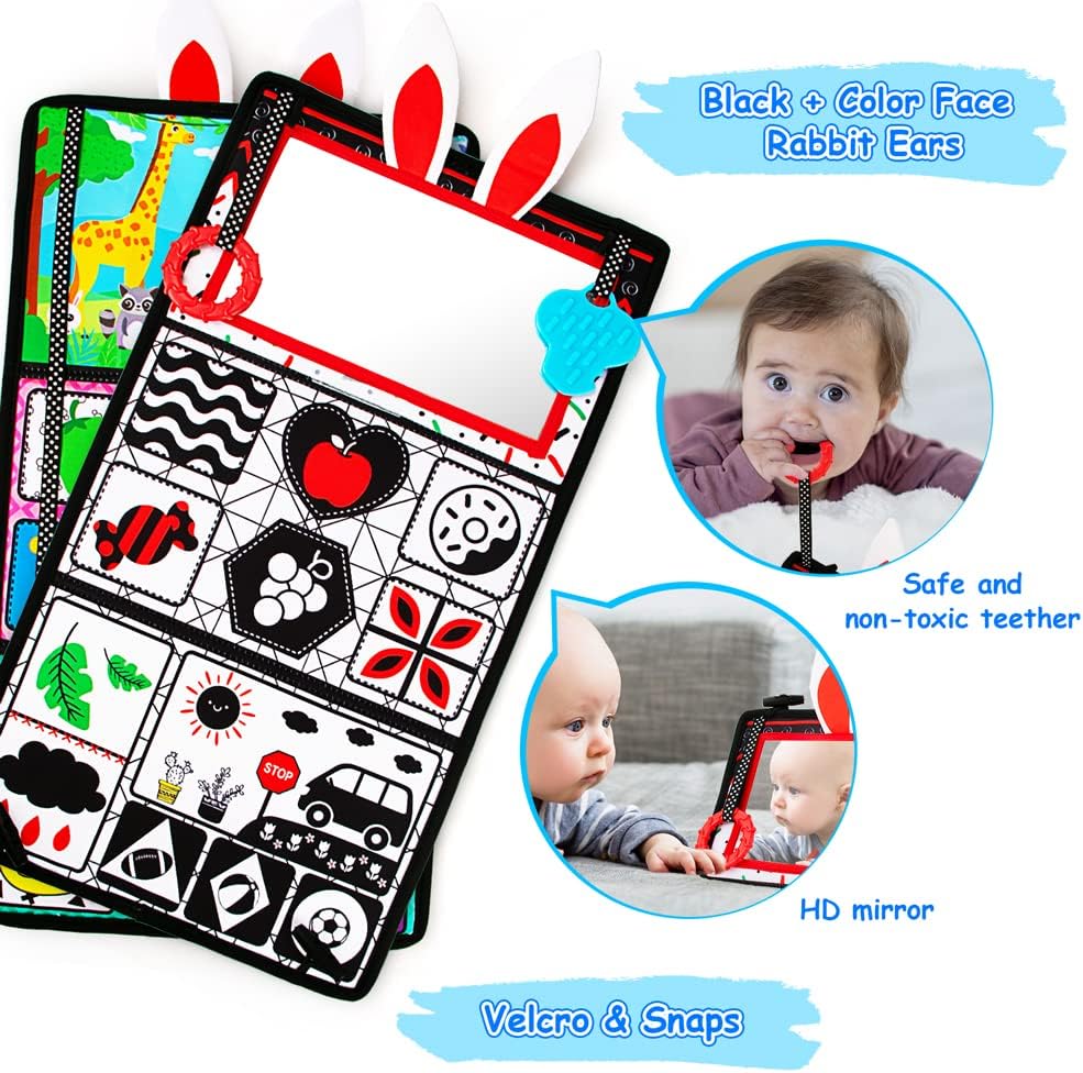 Tummy Time/Baby Mirror Toys, Black and White High Contrast Tabletop Mount Baby Newborn Toys 0 3 6 Months Brain Development, Sensory Texture Piano Infant Toys 0 3 6 Months with Squeaker