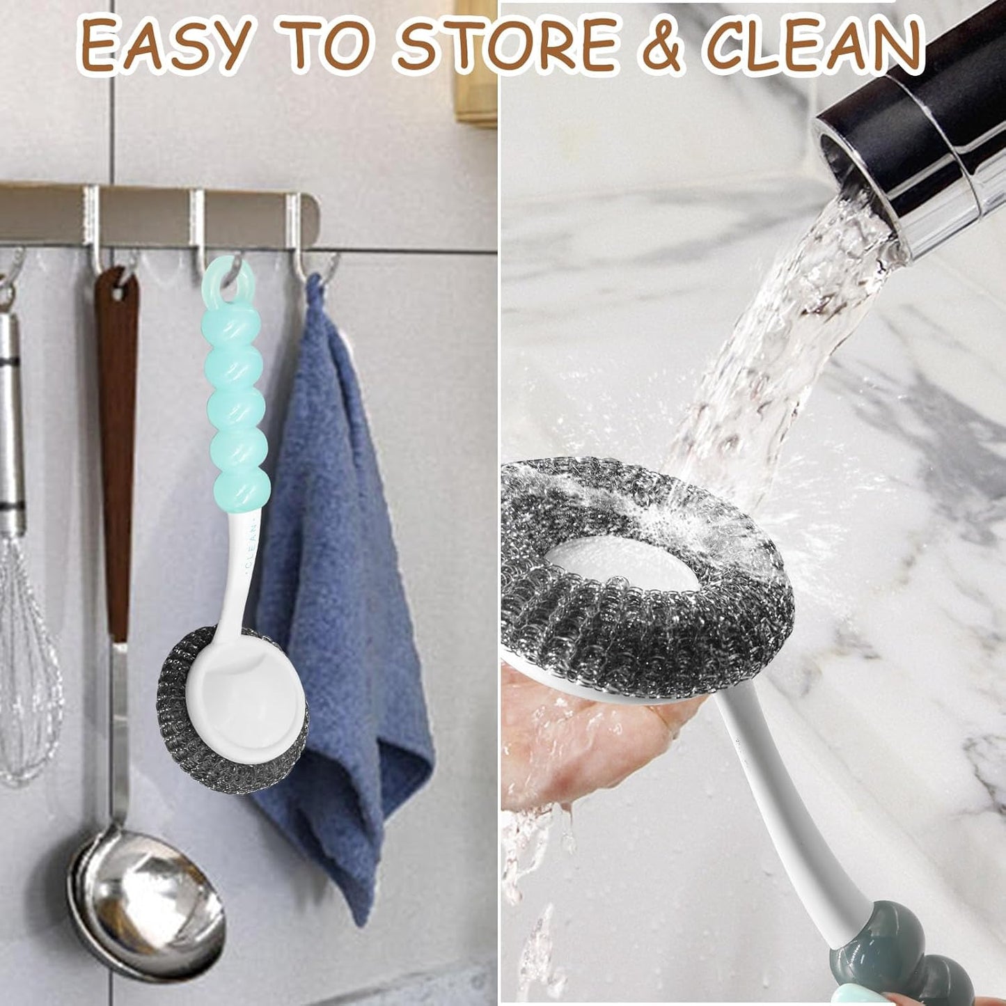 Stainless Steel Scrubber Dish Brush with Handle, Kitchen Steel Wool Pot Scrubber Metal Scrubber Dish Scrub Brush, Steel Scrubbers for Cleaning Dishes Pots, Pans, Grills, Sinks, Dishwashing Supplies