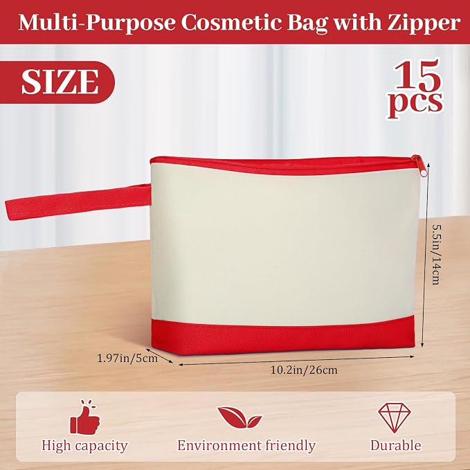 Silkfly 15 Pcs Cotton Canvas Makeup Bags Cosmetic Zipper Bags 10.2 x 5.5 x 2''