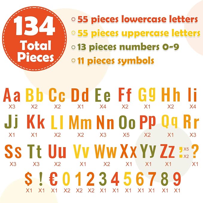 FYSUIMU 134 Pcs Fall Bulletin Board Letters Autumn Colored Alphabet Number