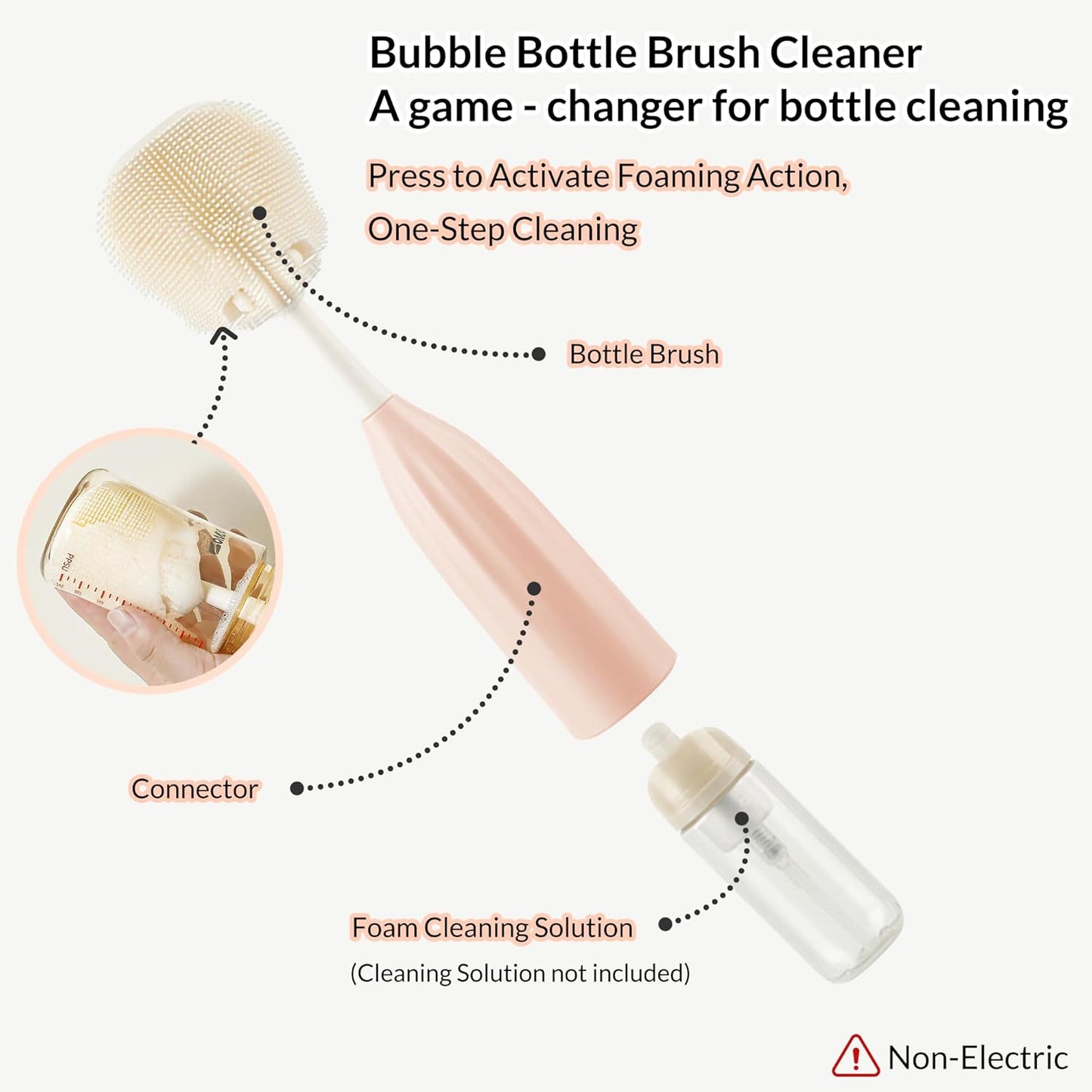 Baby Bottle Brush Kit with Push-Press Bubble and Drying Rack for Bottle Cleaning, Bendable Bottle Cleaner Brush for Baby Bottles, Breast Pumps, Nipples, Straws and More. Perfect for Home&Travel (Pink)