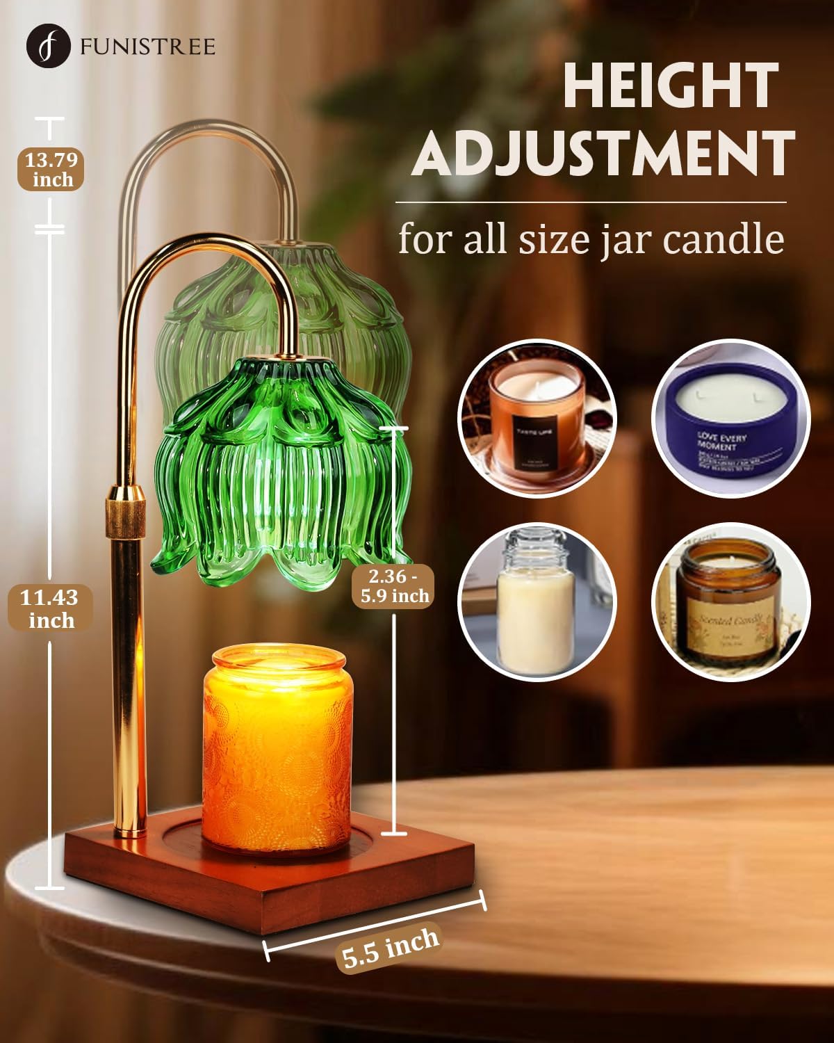 Green Candle Warmer Lamp with Timer & Dimmer, Candle Lamp Warmer Adjustable Height, Gifts for Women Mom Birthday Christmas, House Warming New Home Bedroom Decor,Lotus Flower Wax Warmer for Jar Candles