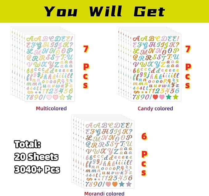 3040Pcs 20 Sheets Small Letter Number Stickers, 1/2inch Colorful Self-Adhesive