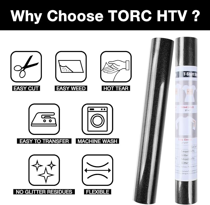 TORC Black Glitter HTV Heat Transfer Vinyl Roll 12 inch x 10 ft Iron on Vinyl