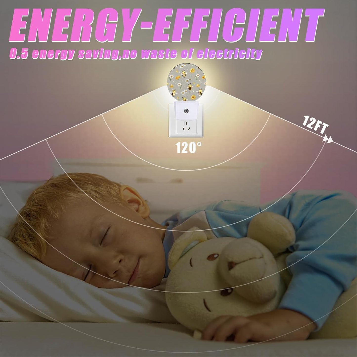 Cute Bee Night Light Daisy Flower Night Lights LED Lamp Round Plug into Wall Nightlight with Dusk to Dawn Sensor Home Hallway Stairway Kitchen Decor