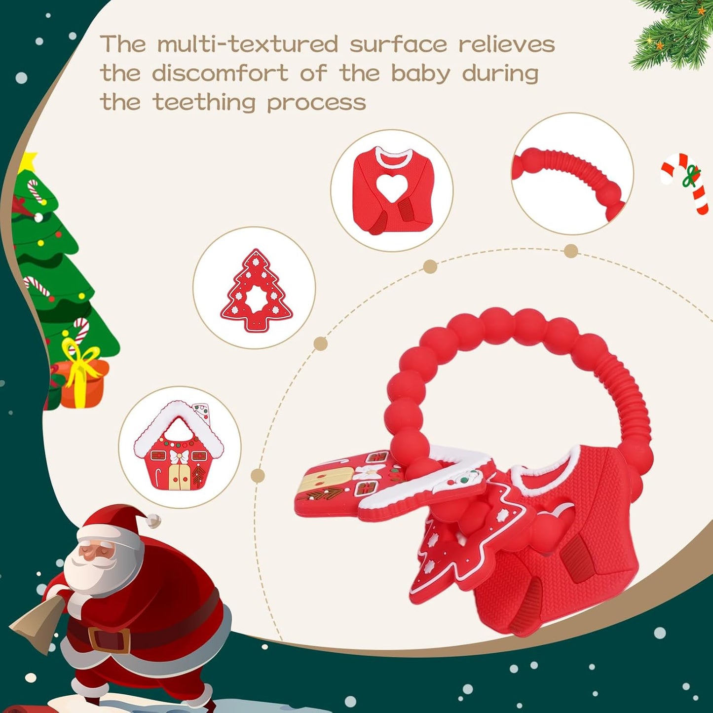 Baby Silicone Christmas Ring Toy,Food Grade Silicone Chew Toys for 0-6,6-12,12-18 Months Newborns,Infants,Toddlers Teething Relief,Safe and Soft,BPA Free,Baby Essentials. (Red)