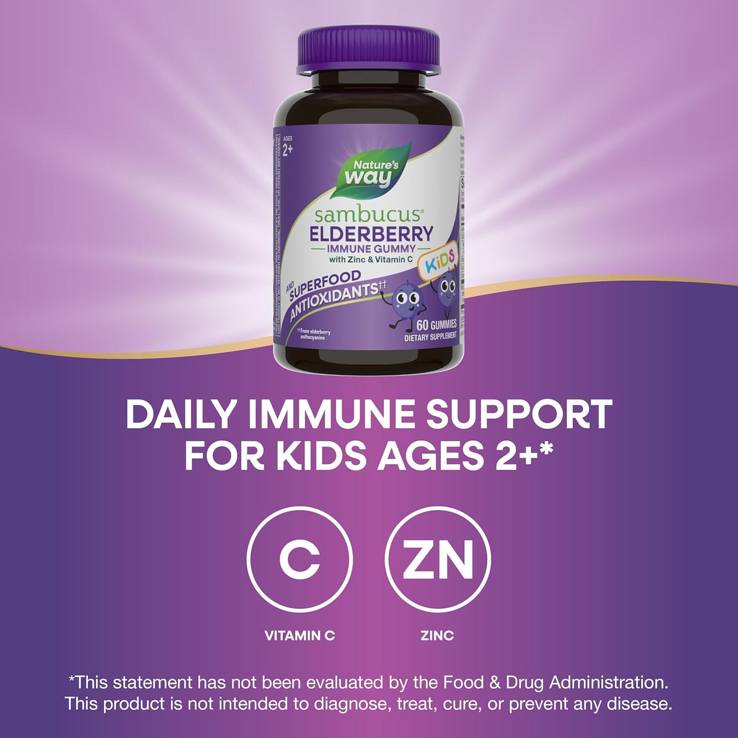 Nature's Way Sambucus Elderberry Immune Gummies for Kids, Immune Support Gummies*, with Black Elderberry Extract, Vitamin C and Zinc, 60 Gummies (Packaging May Vary)