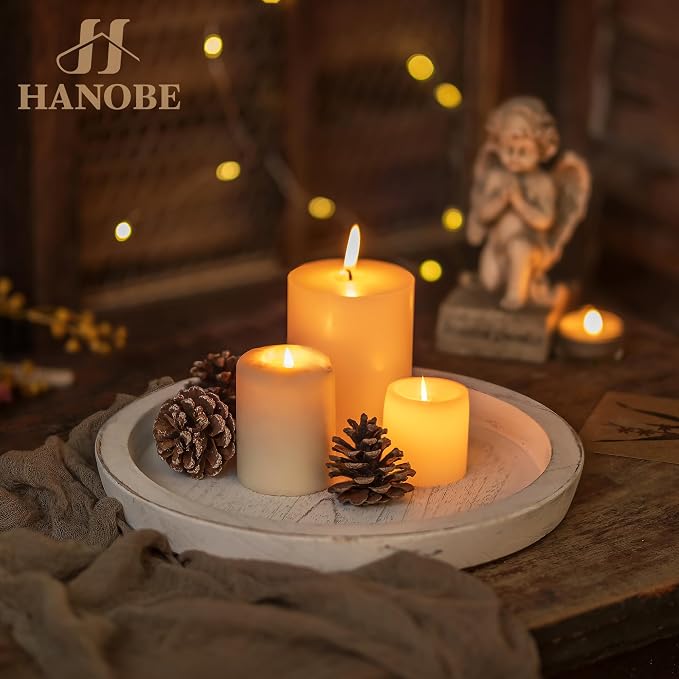 Hanobe Wooden Tray for Coffee Table: Candle Holder Plate Round Decorative