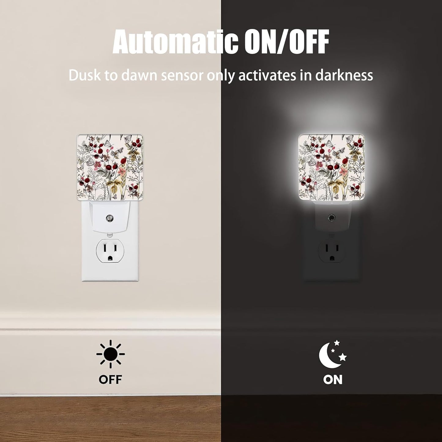 Vintage Flower Night Light, Butterfly Plug into Wall with Dusk to Dawn Light Sensors, Warm Nightlights for Bedroom, Bathroom, Hallway, Kitchen, Gifts Ideal for Girls Women