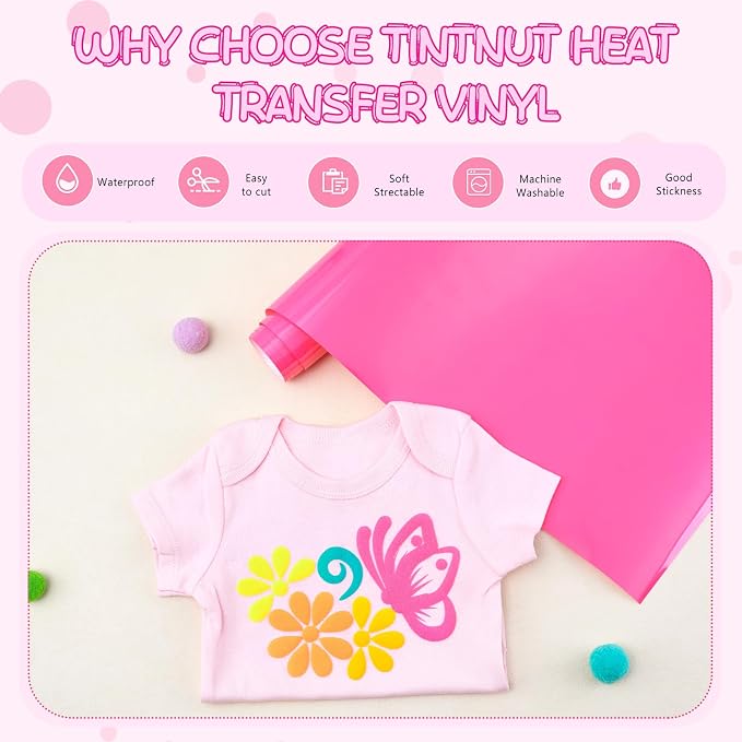 Tintnut Hot Pink Puff Heat Transfer Vinyl Roll, easy cut & weed, stretch