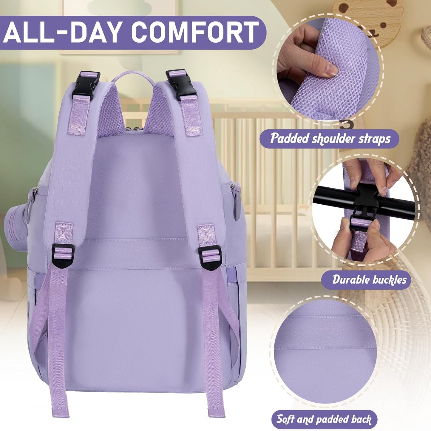 Diaper Bag Large Capacity Diaper Backpack Multi-Function Baby Diaper Bag For Dad And Mom With Insulated Pockets, Stroller Straps, Purple
