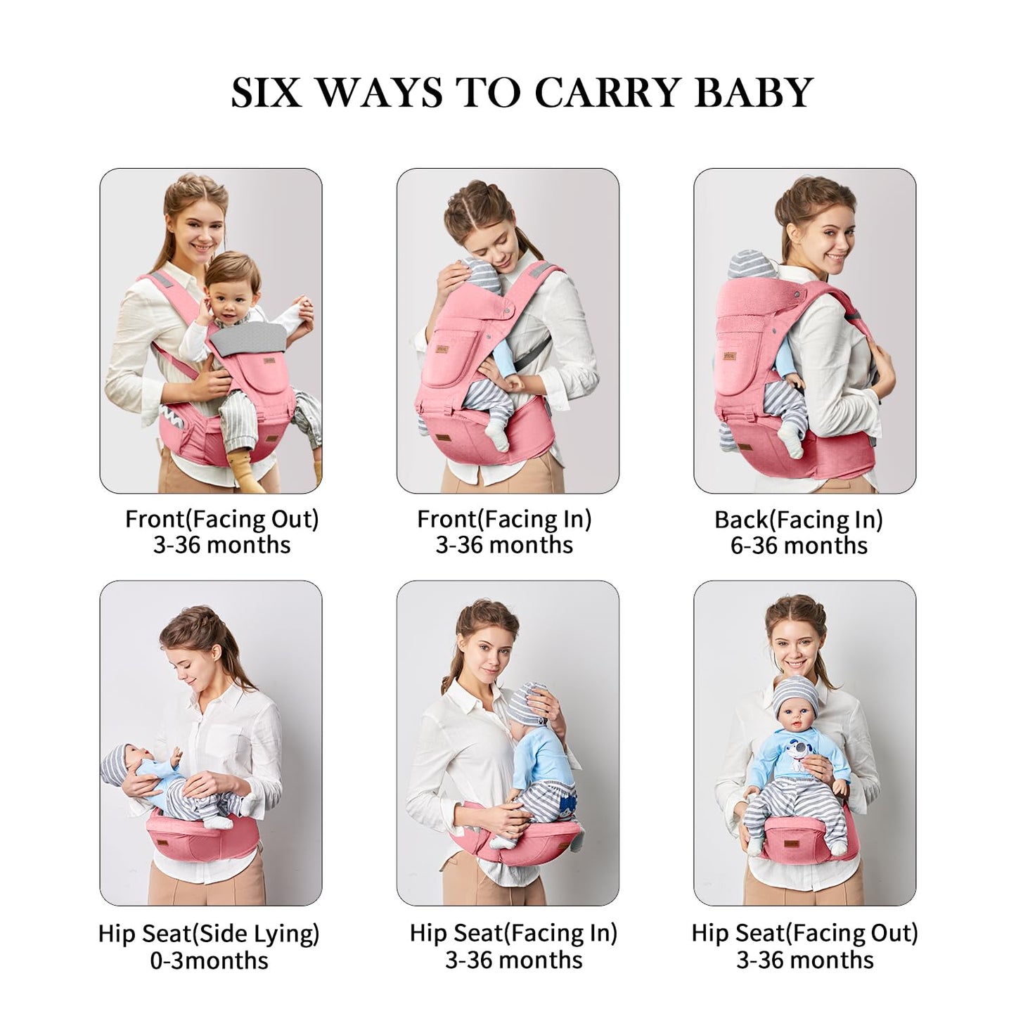 Baby Carrier with Hip Seat, Baby Carrier Newborn to Toddler, 6-in-1 Ways to Carry, All Seasons, Adjustable Baby Holder Carrier for Breastfeeding(Pink)