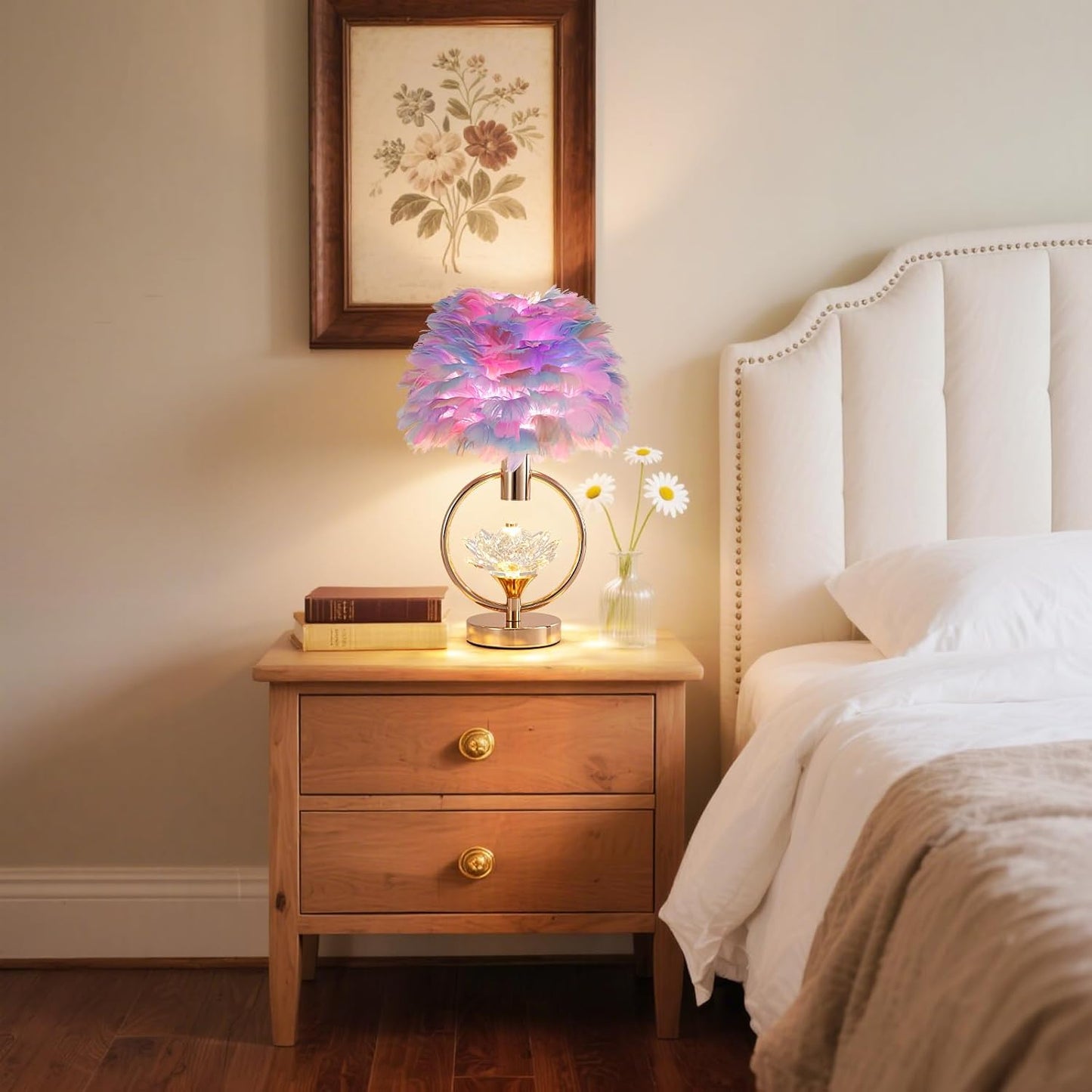 Colorful Feather Lamp Unique Feather Bedside Nightstand Light Goose Furry Desk Lamp Romantic Atmosphere Table Lamp for Girl Bedroom Wedding Decor Living Room Hotel 17IN