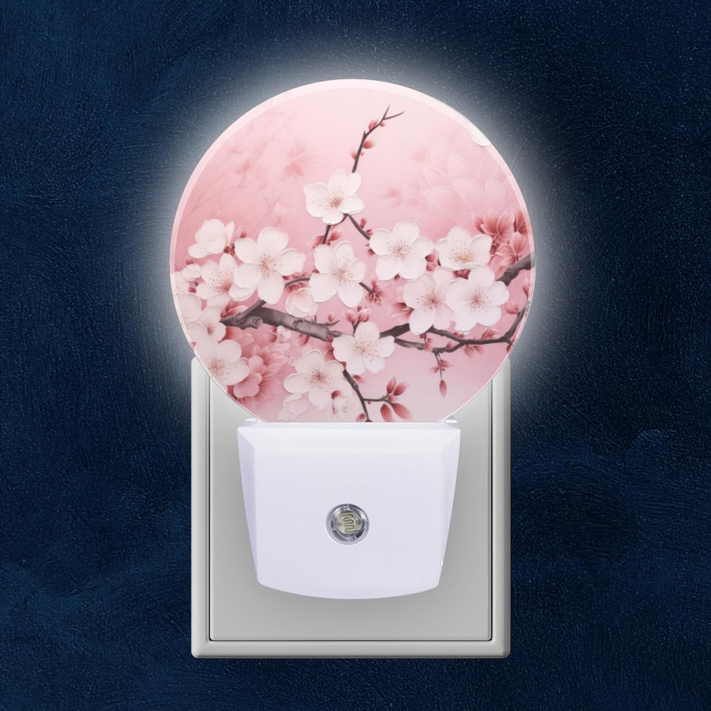 Round LED Night Lights Lamp with Dusk to Dawn Sensor, Delicate Pink Background with Cherry Blossoms Night Light Plug Into Wall for Kids Room, Bedroom, Bathroom, Kitchen, Hallway