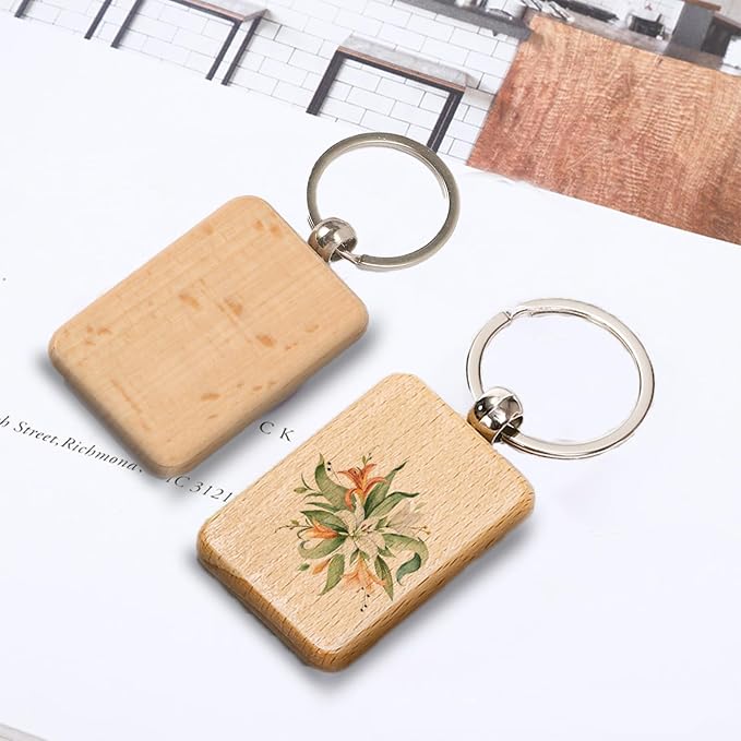 WRINGKIT 50 Pieces Wood Keychain Blank, Unfinished Laser Engraving Blanks