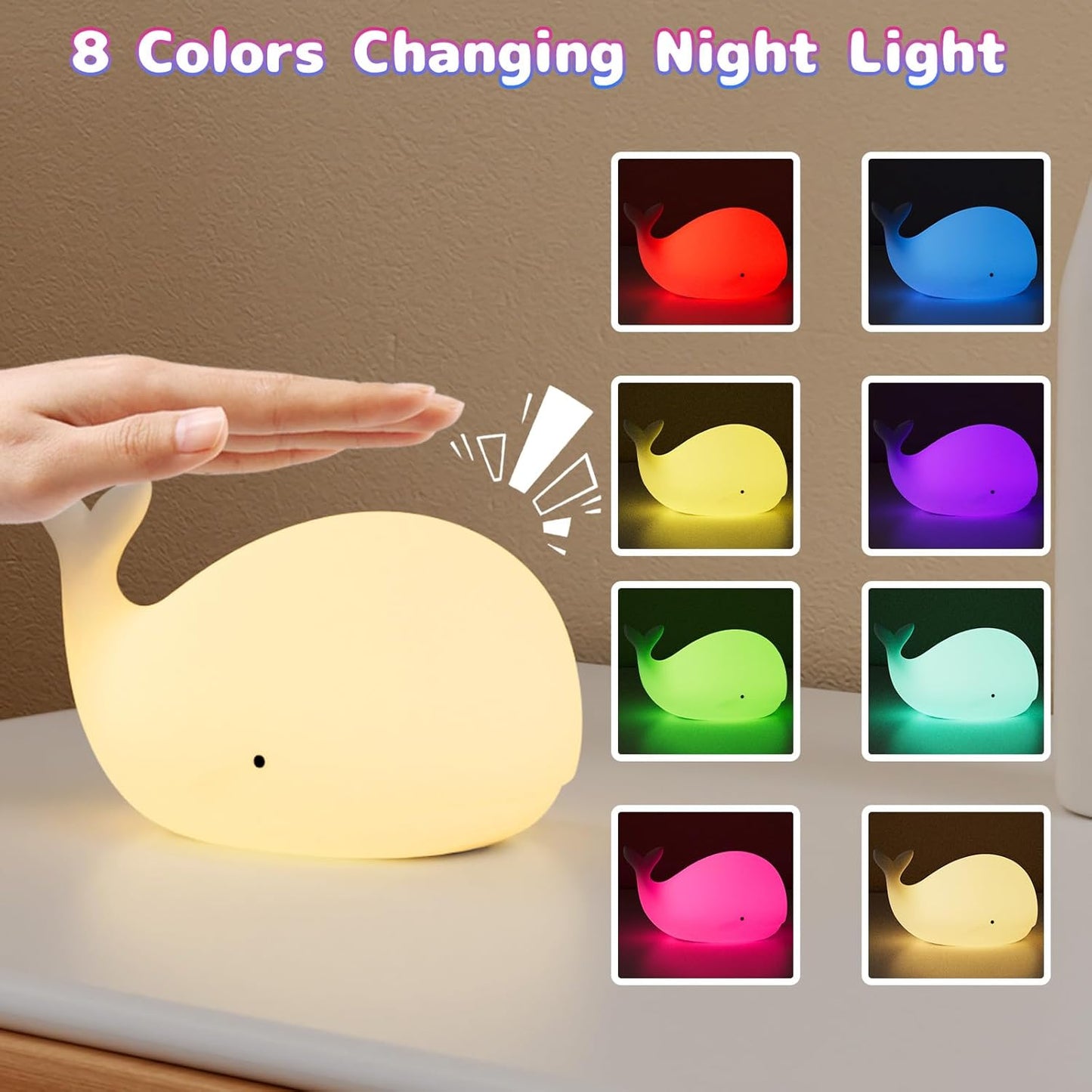 Silicone Night Light for Kids – Rechargeable Tap Control Lamp with 8 Colors, Cute Animal Design for Nursery, Toddler Room Decor, Gifts for Girls and Boys (Whale)