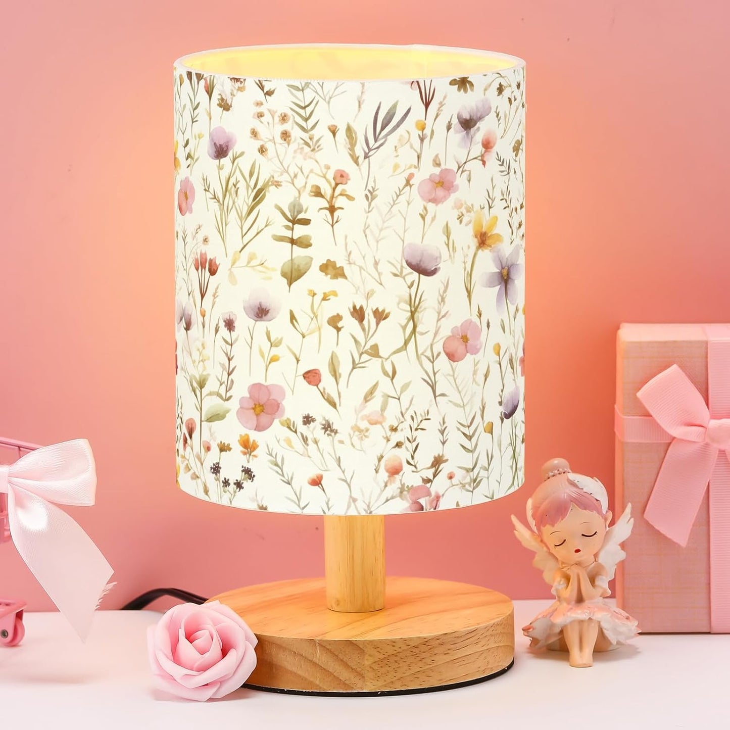 VIHOSE Wildflower Kids Table Lamp for Bedroom Kids Bedside Lamp with Linen Wooden Nightstand Cartoon Nursery Lampshade for Girls Boys Living Room