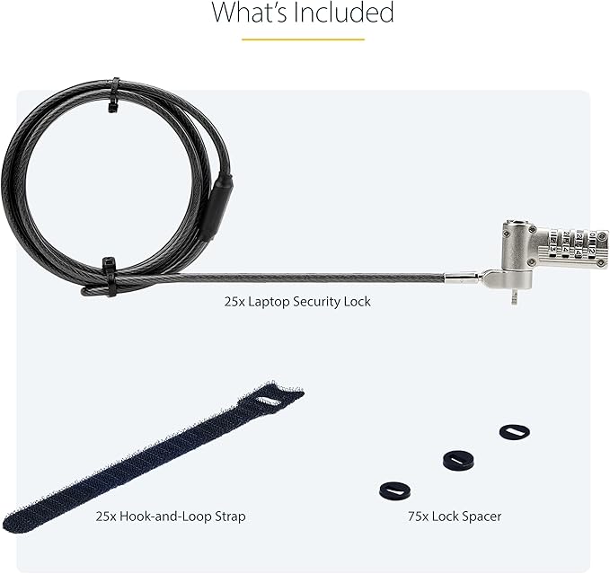 StarTech.com 25-Pack Universal Laptop Lock 6.6ft (2m), Serialized Security Cable, Compatible with Noble Wedge/Nano/K-Slot, TAA