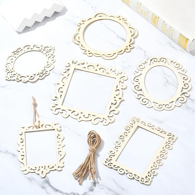 12 pcs 6 Styles Hollow Theme Undyed Wooden Photo Frames Laser Cut Oval Square
