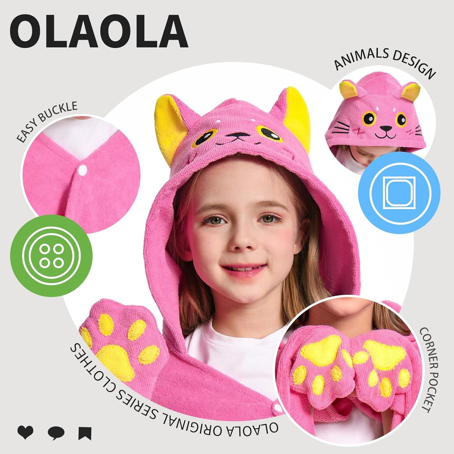 OLAOLA Cat Hooded Towel for Kids 3-12 Years, 28" x 53" Soft Thick Absorbent Beach Towels, Toddler Bath Towel Wrap, Swim Pool Towels Poncho for Boys Girls