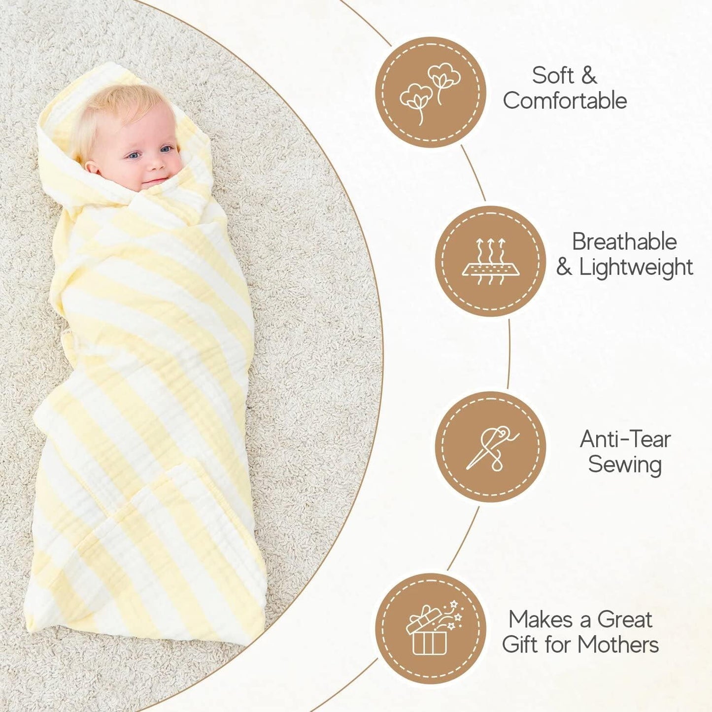 Muslin Baby Bath Towel Set, 2 Large Gauze Super Soft Baby Bath Towel and 3 Washcloths, 6 Layers Muslin Cotton Infant Blanket Suitable for Baby's Delicate Skin (Amsicotion)