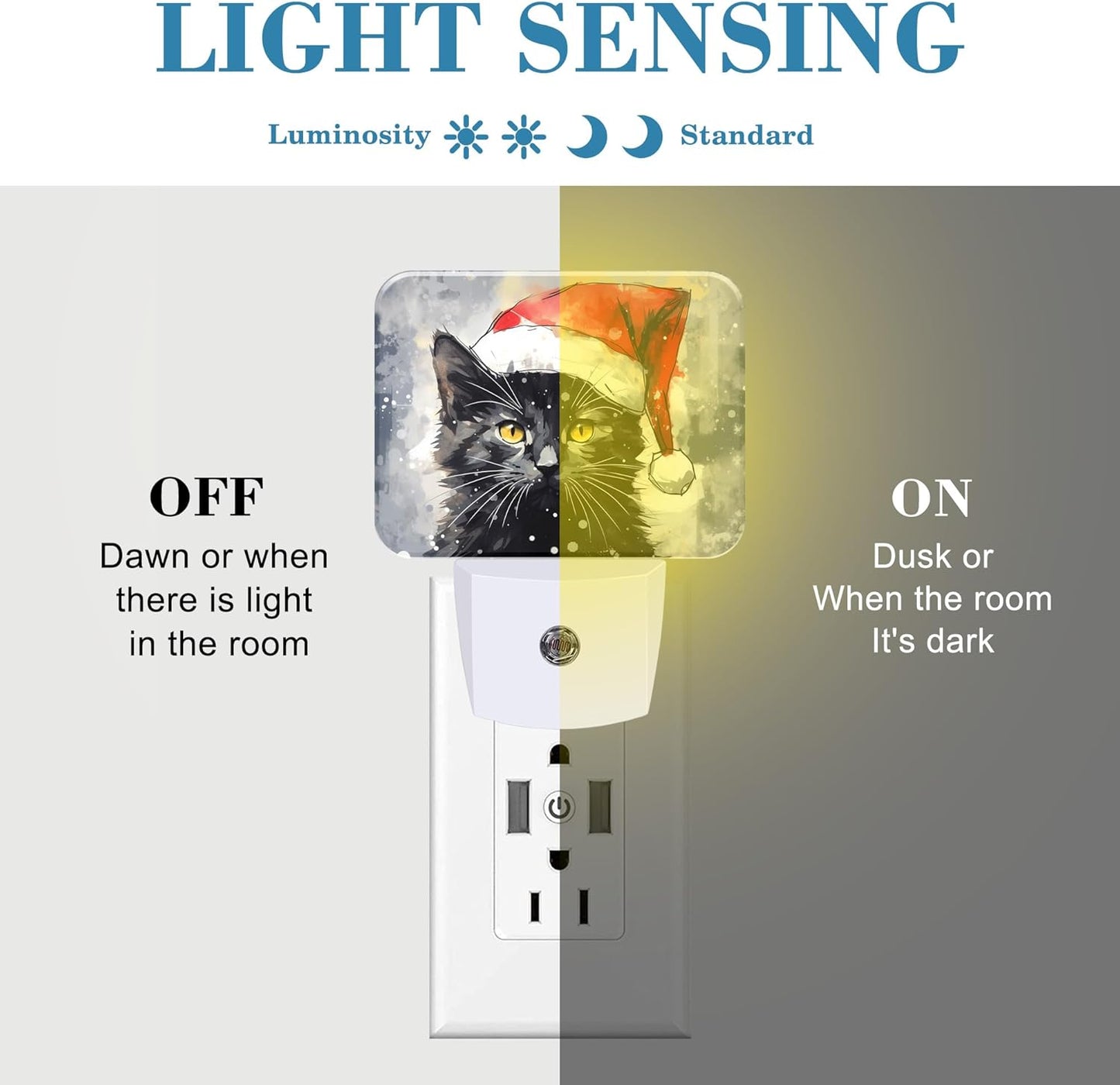Cute Black Cat with Santa Hat Night Light for Kids, Christmas Cat LED Night Light Plug into Wall with Dusk to Dawn Sensor for Girls Boys Women Bedroom,Hallway,Kitchen,Bathroom,Stairs Decor