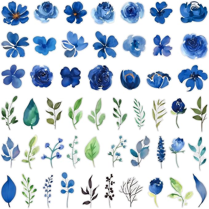 50PCS Blue Watercolor Flower PET Stickers, Waterproof Botanical Stickers