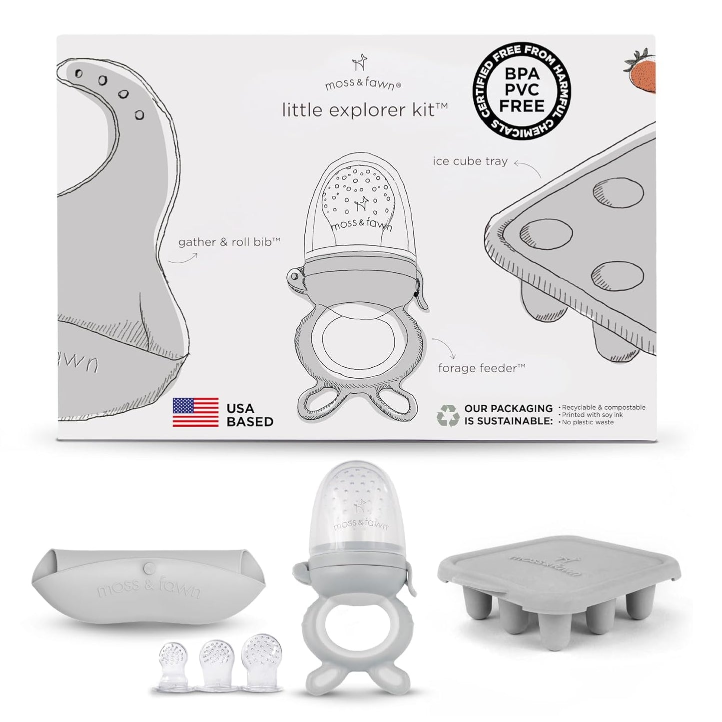 Moss and Fawn Little Explorer Kit - Silicone Frozen Breast Milk Popsicle Kit with Forage Feeder, Teething Popsicle Ice Cube Tray, & Gather & Roll Baby Feeding Bib - BPA, PVC, & Lead-Free - Dew