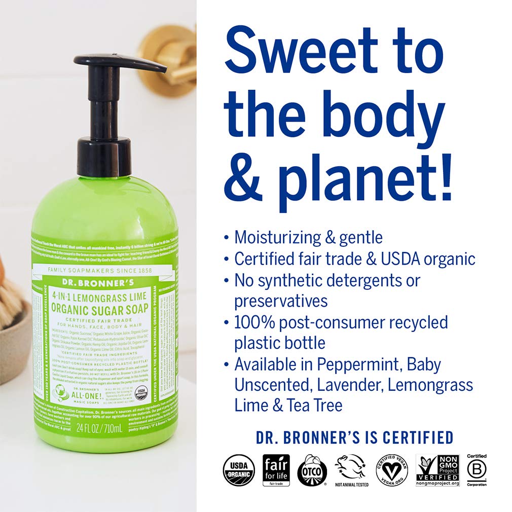 Dr. Bronner's - Organic Sugar Soap (Lemongrass, 24 Ounce) - Made with Organic Oils, Sugar and Shikakai Powder, 4-in-1 Uses: Hands, Body, Face and Hair, Cleanses, Moisturizes and Nourishes, Vegan