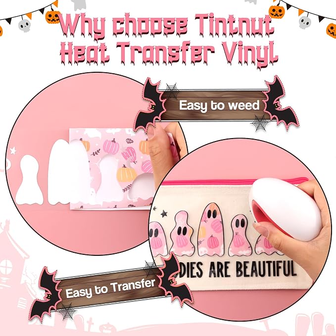 Tintnut Pink Halloween Heat Transfer Vinyl, pumpkins & bats patterned HTV