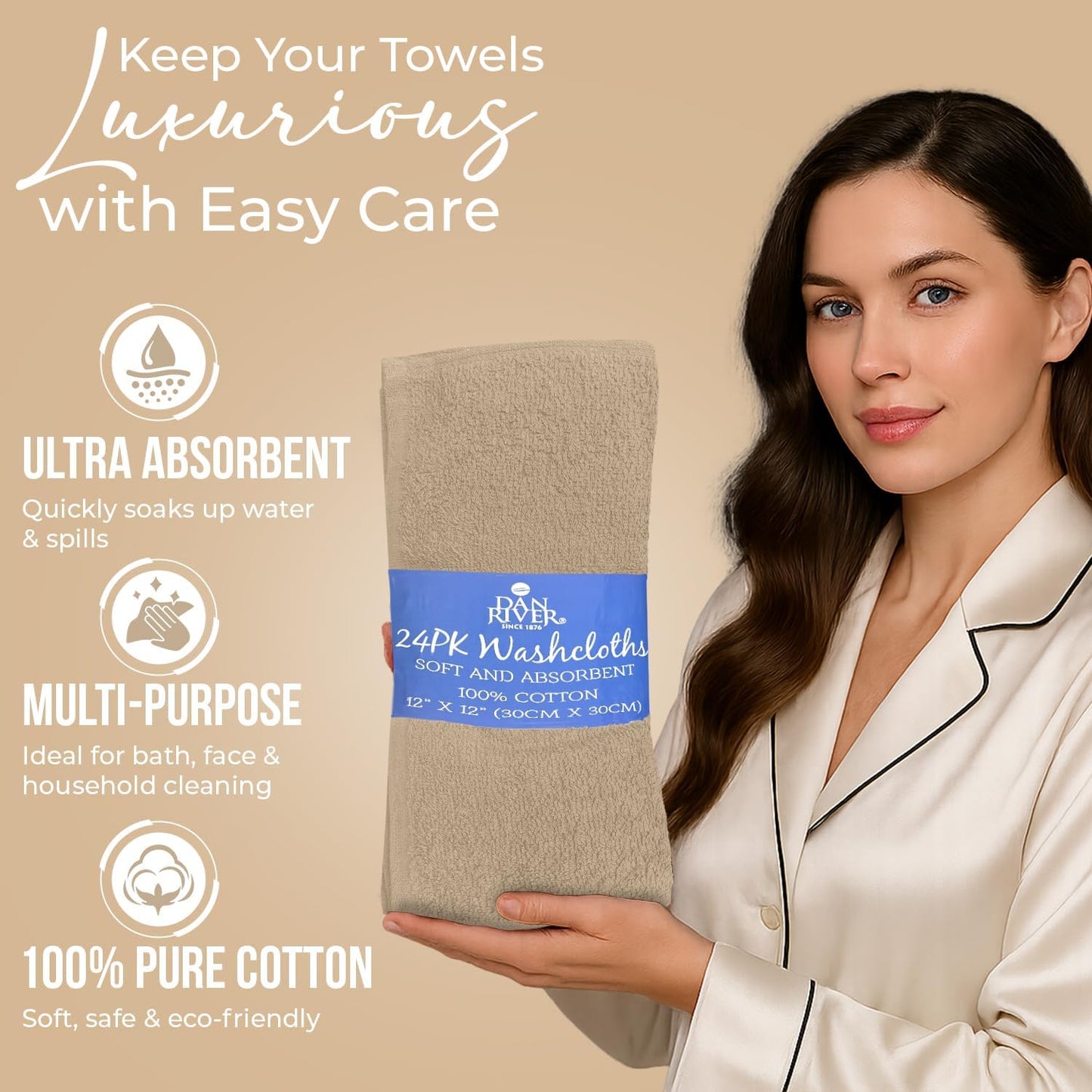 DAN RIVER 100% Cotton Wash Cloths 24 Pack [12x12] Soft & Absorbent Thin washcloths, Gym, Hotels & Spa Perfect for Everyday Use Fingertip Towels, Tan