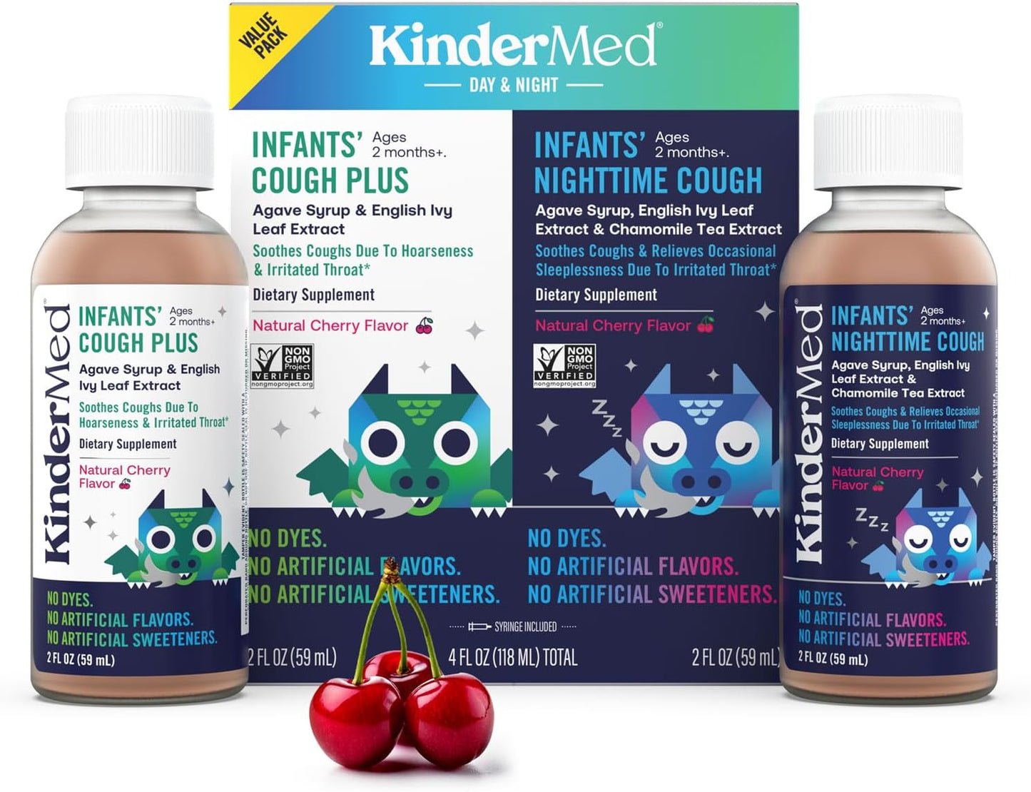 KinderMed Infants' Cough Day & Night Value Pack - Organic Agave Syrup and English Ivy Leaf Extract - No Dyes, No Artificial Flavors or Sweeteners - for Ages 2 Months+ - Natural Cherry Flavor, 2 Fl Oz