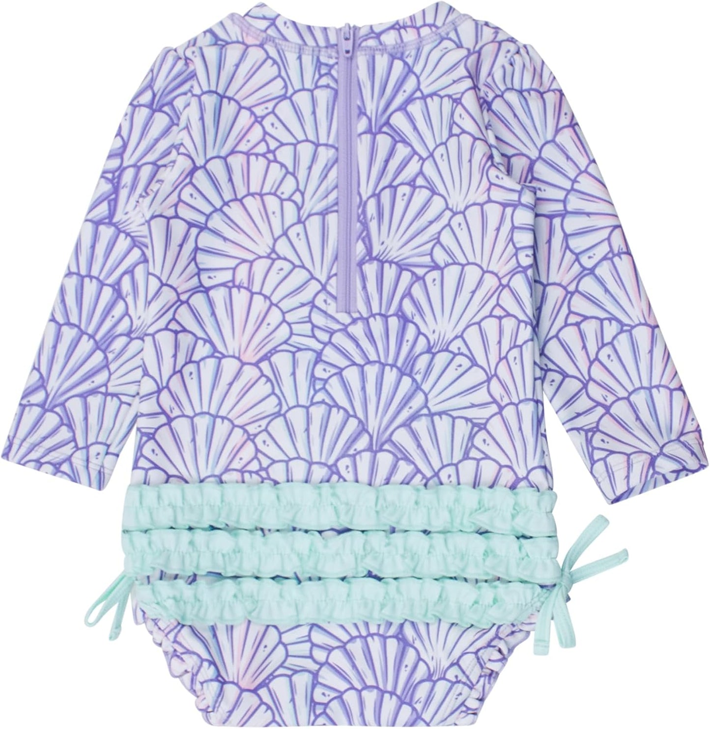 RuffleButts Baby Girls UPF 50+ Sun Protection Novelty Print Long Sleeve One Piece Rash Guard Swimsuit with Zipper