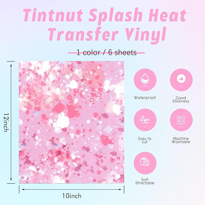 Tintnut Pink White Splash Heat Transfer Vinyl, stretch washable, works