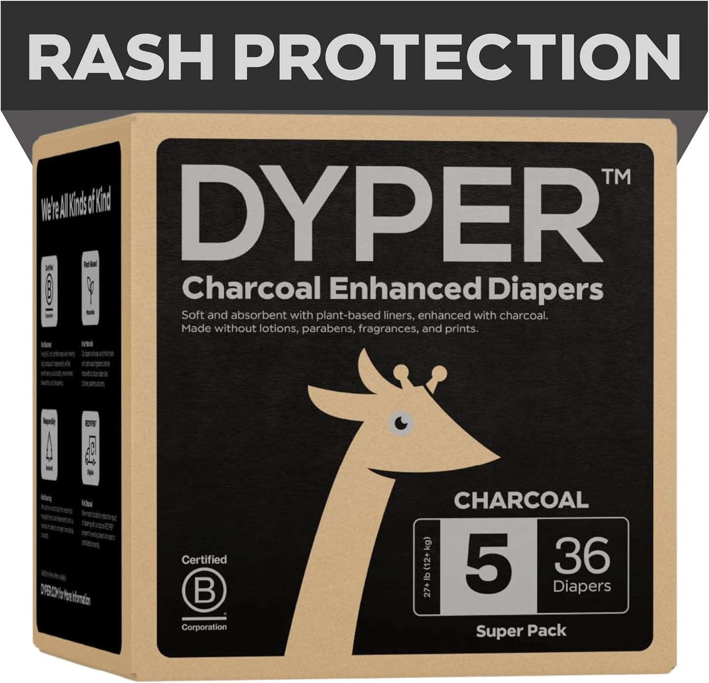 DYPER - Charcoal Enhanced Day & Overnight Disposable Baby Diapers - Made with Plant-Based* & Skin-Friendly Ingredients, Hypoallergenic for Sensitive Skin - Size 5, (36 Count)