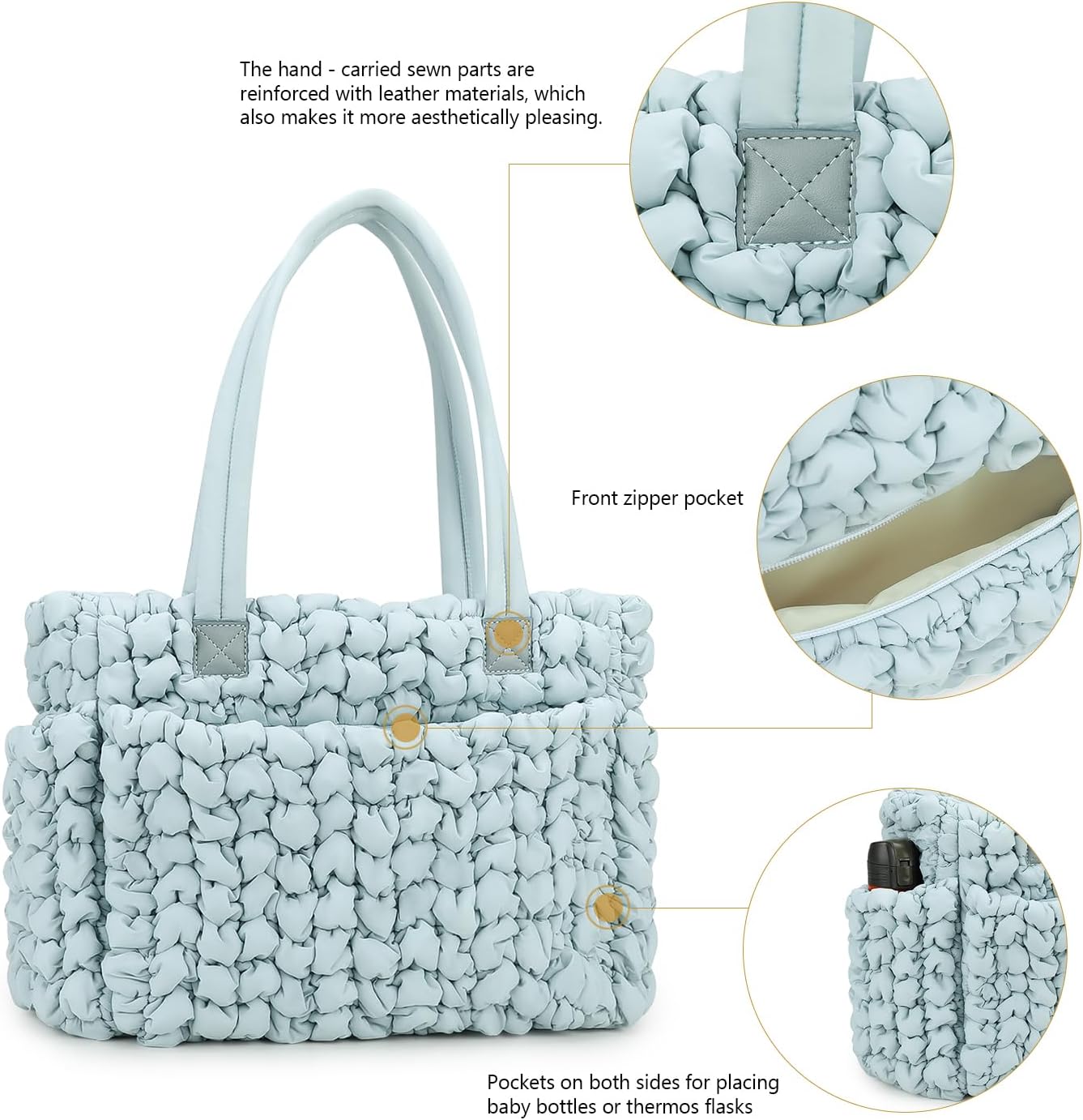 Lmbabter Puffer Quilted Tote Large Diaper Hobo Mommy Bag Hold 16“Laptop Stylish Cloud Handbag Carryall Daypack Travel Work