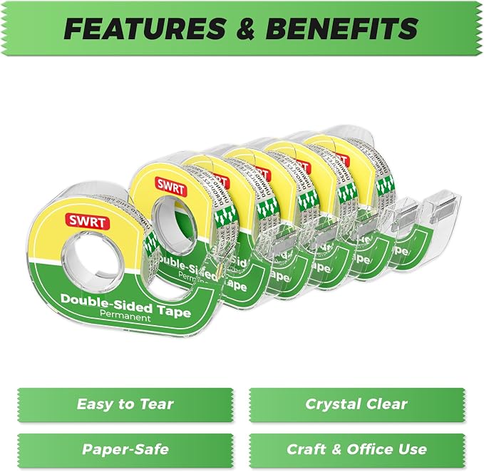 SWRT Double-Sided Tape for Crafts, 1/2 in x 300 in, 6 Pack