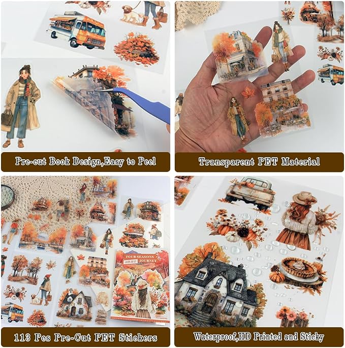 Fall Landscape Pre-Cut Autumn Journal Sticker Book, Transparent PET Watercolor