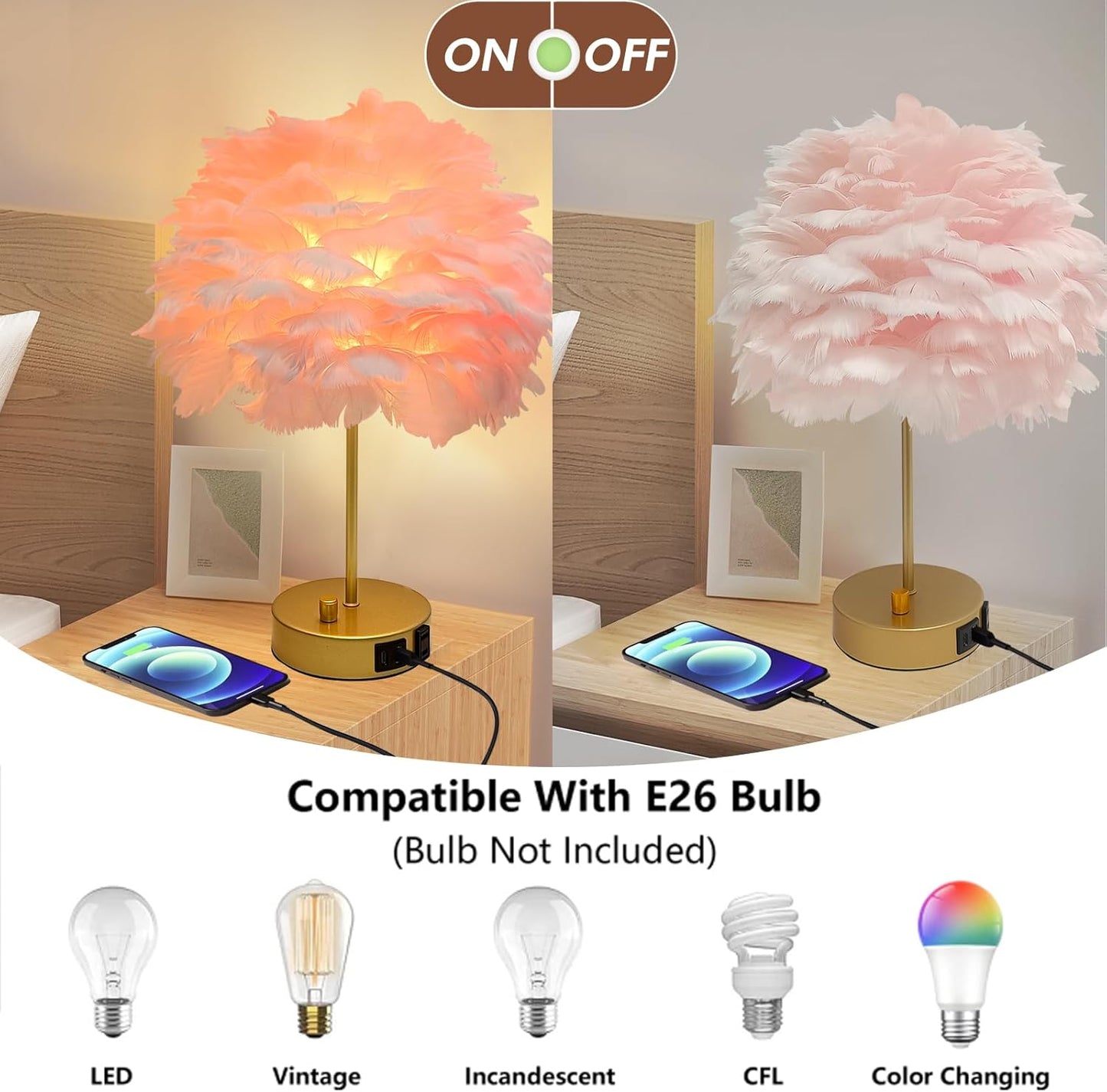 ZYLEIESENBAO Pink Feather USB Charger Table Lamp Feather Bedside Lamp Cute Nightstand Lamp with Outlets Princess Desk Light for Girl Bedroom Living Room Entryway Hotel Wedding Women's Gift Decoration