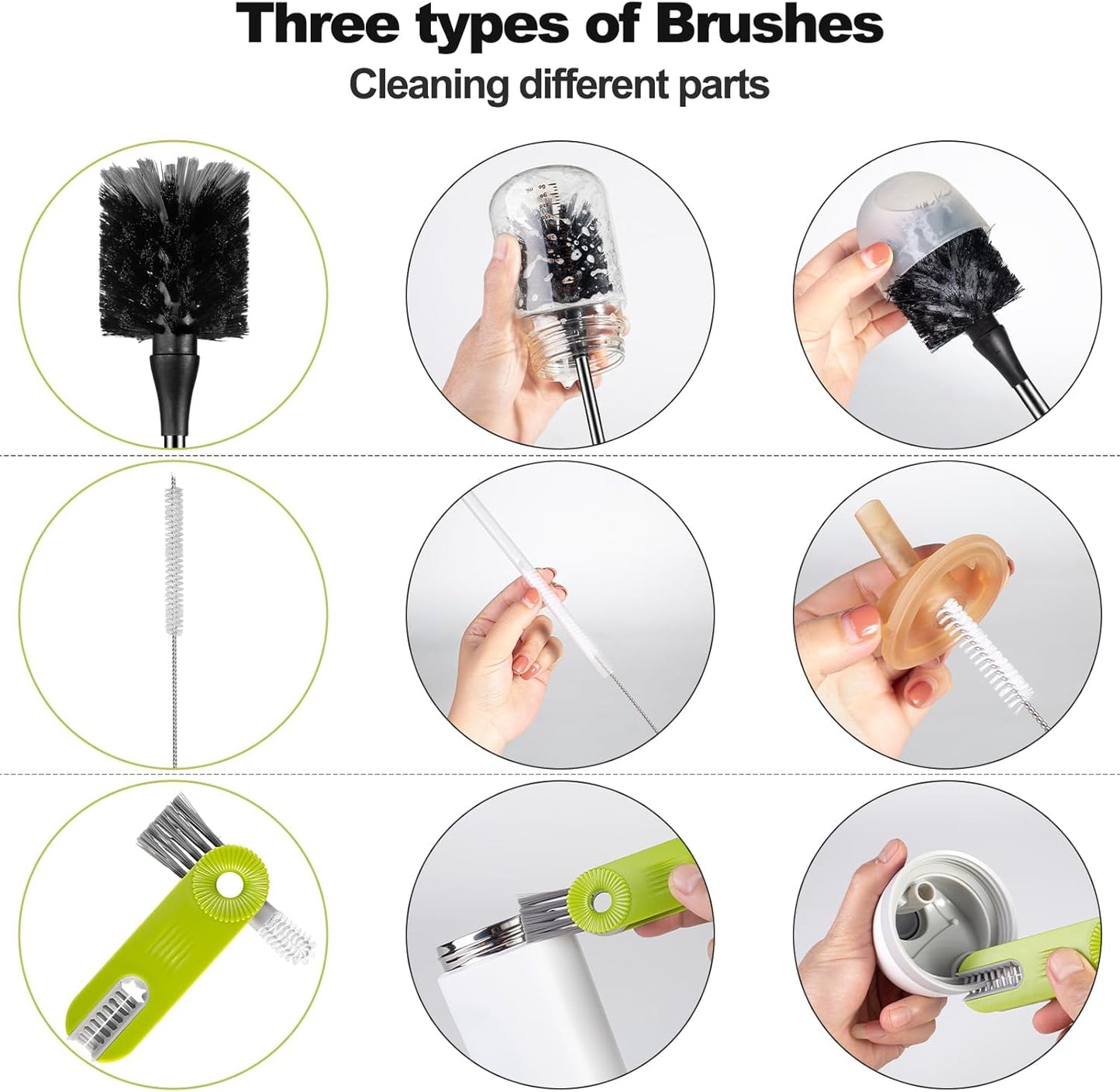 [3 Pack] Bottle Brush, 15 Inches Stainless Steel Long Handle Baby Bottle Scrub Cleaning Brushes with Straw & Lid Brushes for Sports Water Bottle, Cups, Coffee Mugs, Glasswares