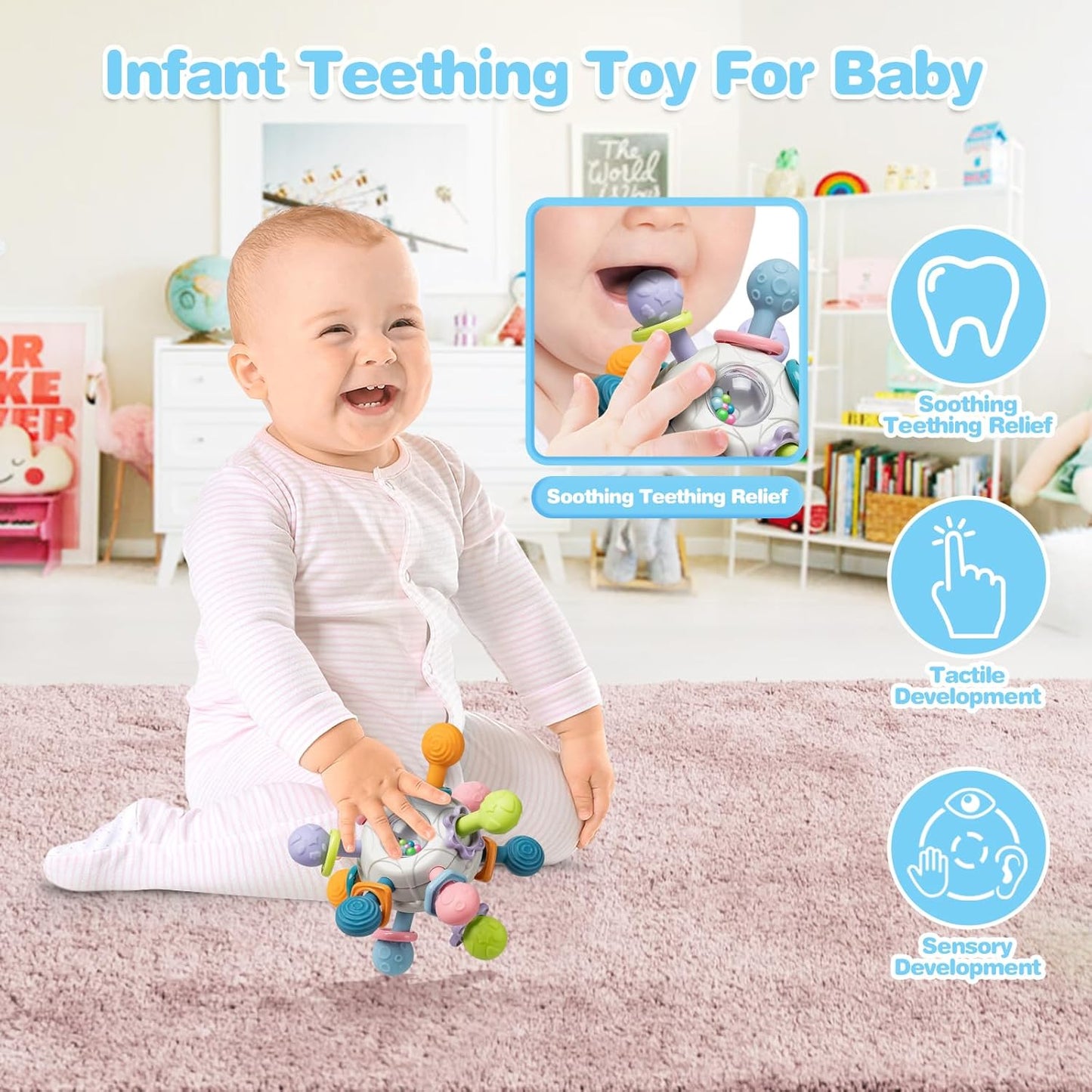 SpringFlower 0-3-6-12 Months Baby Toys, 5 in 1 Montessori Toys for Babies, Teething Toy & Stacking Building Block & Ring & Silicone Pull String, Sensory Development Baby Infant Toy, Gift for Babies