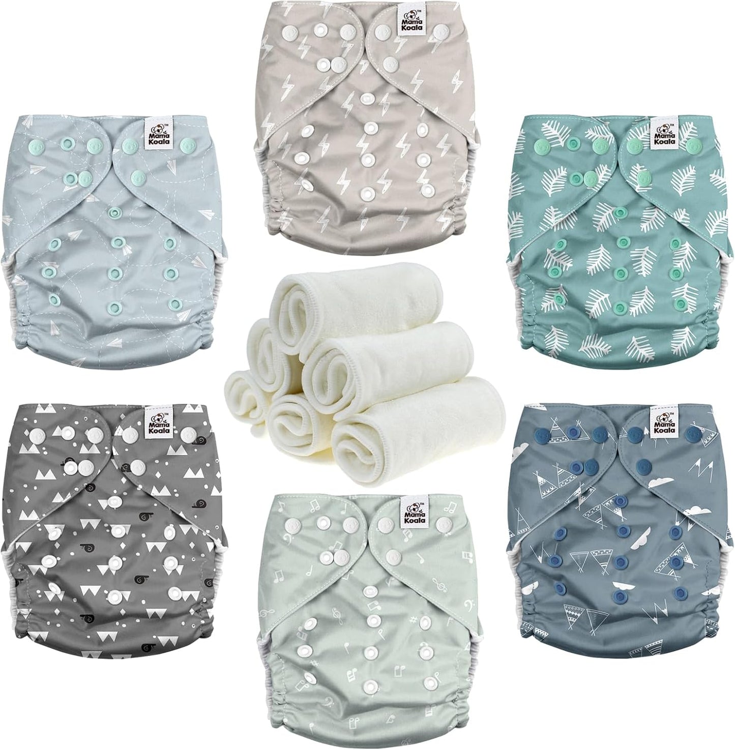 Mama Koala 3.0 Pocket Diapers for Babies with Suede Cloth Lining, 6 Pack with 6 4-Layer Natural Cloth Diaper Inserts - Reusable and Washable Pocket Diapers(S-The Gray Sky)
