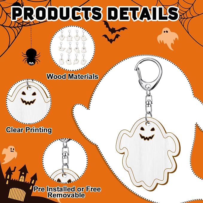 RattanView 24 Pcs Ghost Craft Color Your Own Keychains DIY Craft Wooden Blank