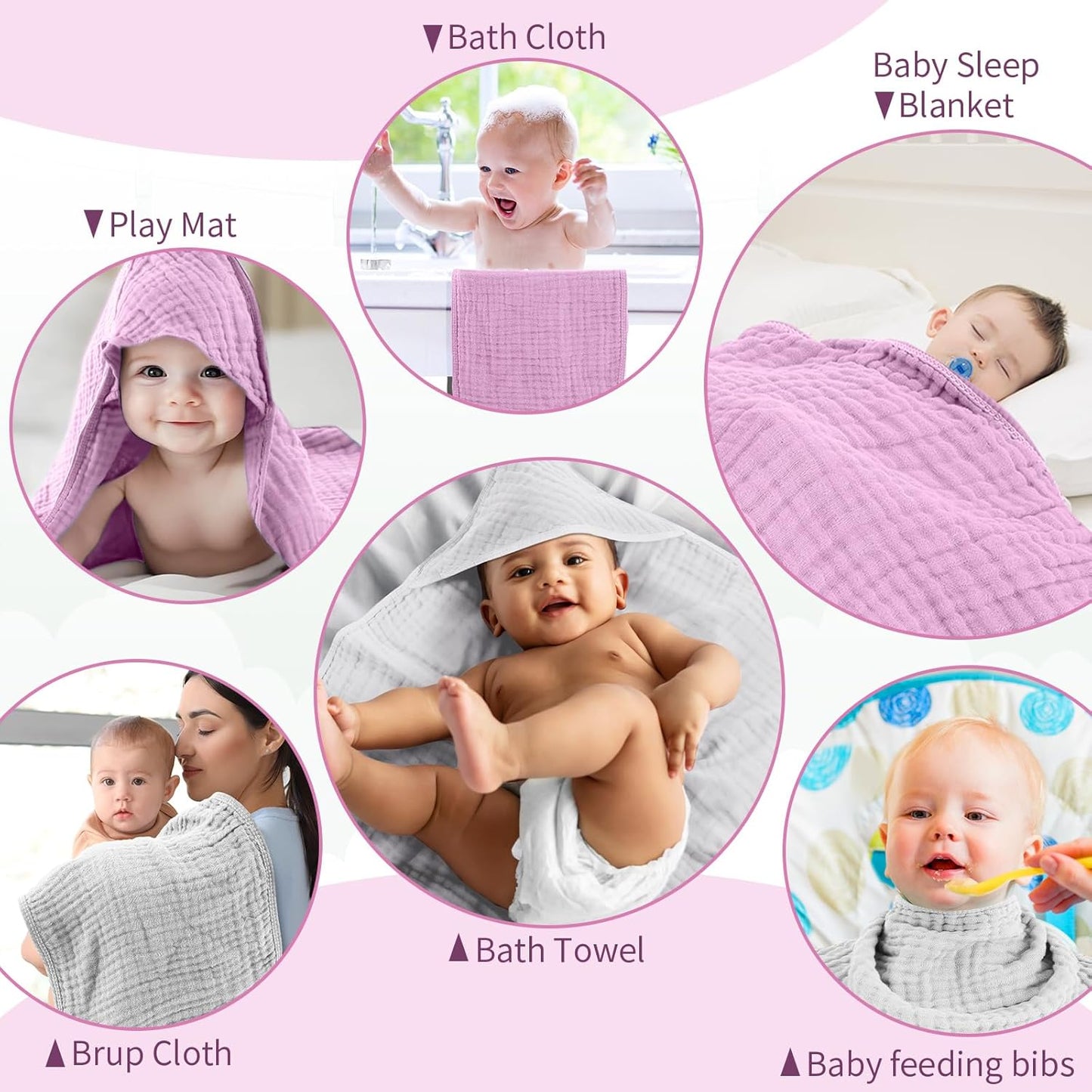 VitalCozy 6 Pcs Baby Muslin Hooded Bath Towels and Washcloths, 32 x 32 Inch Muslin Cotton Hooded Baby Towels Absorbent Blankets for Gift Newborn Infant Shower(White, Pink)